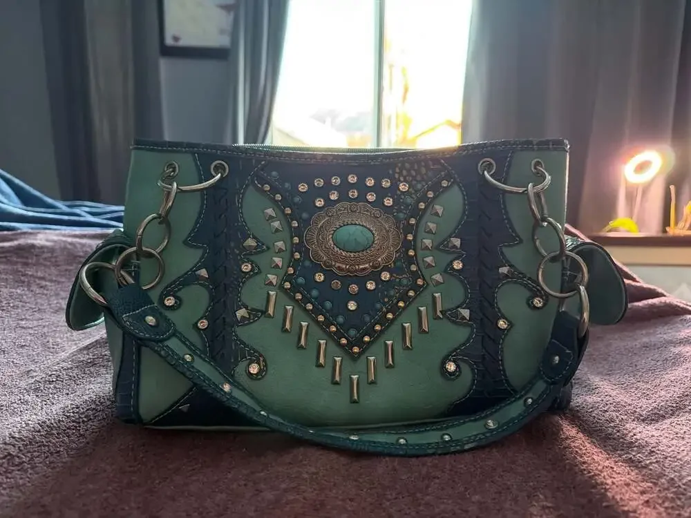 Cowgirl Trendy Western Turquoise Studded Concho Shoulder Bag